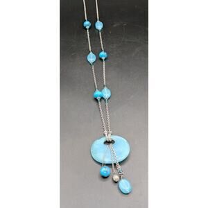 Coldwater Creek Silver Tone Aqua Blue Lucite Beaded Disc Y-Necklace Vintage